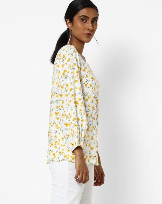 Floral Print Top with Bishop Sleeves