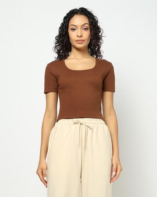 Women Ribbed Scoop-Neck Crop Fit Top