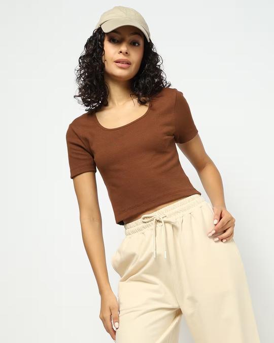Women Ribbed Scoop-Neck Crop Fit Top