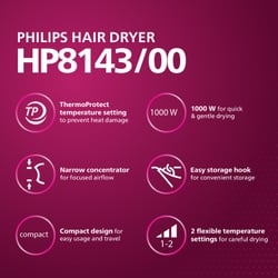 Philips Hair Dryer 1000 W, 2 Heat Settings, Easy Handling, Pink, HP8143/00 2