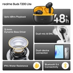 realme Buds T200 Lite Bluetooth in Ear Earbuds, AI ENC for Calls, 48 Hours Total Playback with Fast Charging and Low Latency Gaming TWS, Google Fast Pair IPX 4 Water resistant, with mic (Volt Black) 2