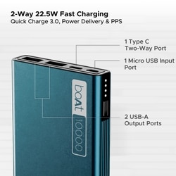 boAt EnergyShroom 10000 mAh Power Bank, 2-way 22.5 Watts Fast Charging, 12 Layer Smart IC Protection, High Temperature and Scratch Resistant, LED Indicators, 1 Type-C Two Way Port, 1 Micro USB Input Port, 2 USB-A Output Ports, Steel Blue 3