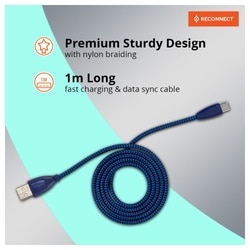 Reconnect RATCB1003 USB-C Braided Cable, 480 Mbps Data Speed, 18W, 3A Fast Charging, 100 cm (1 m) Length, Premium Sturdy Design, Nylon Braiding, Compatible with USB-C Ports, Made in India, Blue 4