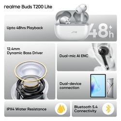 realme Buds T200 Lite Bluetooth in Ear Earbuds, AI ENC for Calls, 48 Hours Total Playback with Fast Charging and Low Latency Gaming TWS, Google Fast Pair IPX 4 Water resistant, with mic (Storm Grey) 2