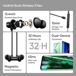 realme Buds wireless 3 Neo Bluetooth Neckband with 13.4 mm Dynamic Bass Boost Driver, upto 32 Hours Playback , Fast Charge, AI ENC, 45ms Ultra Low latency, IP55 Dust & water resistannt, Dual Pairing & Bluetooth v5.4 (Black) 2