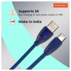 Reconnect RATCB1003 USB-C Braided Cable, 480 Mbps Data Speed, 18W, 3A Fast Charging, 100 cm (1 m) Length, Premium Sturdy Design, Nylon Braiding, Compatible with USB-C Ports, Made in India, Blue 3