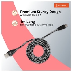 Reconnect USB-C Braided Cable, 480 Mbps Data Speed, 18 W, 3 A Fast Charging, 100 cm (1 m) Length, Premium Sturdy Design, Nylon Braiding, Compatible with USB-C Ports, Black, RATCB1003 2