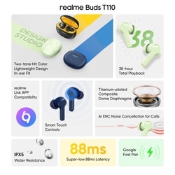 Realme Buds T110 with AI ENC for calls, upto 38 hours of Playback and Fast Charging Bluetooth Headset (Punk Black, True Wireless) 2