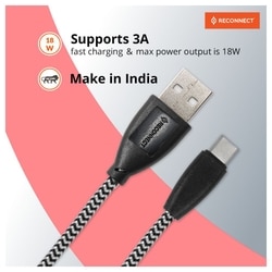 Reconnect USB-C Braided Cable, 480 Mbps Data Speed, 18 W, 3 A Fast Charging, 100 cm (1 m) Length, Premium Sturdy Design, Nylon Braiding, Compatible with USB-C Ports, Black, RATCB1003 3