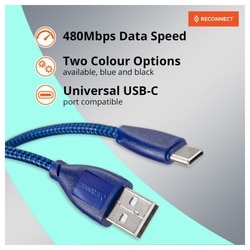 Reconnect RATCB1003 USB-C Braided Cable, 480 Mbps Data Speed, 18W, 3A Fast Charging, 100 cm (1 m) Length, Premium Sturdy Design, Nylon Braiding, Compatible with USB-C Ports, Made in India, Blue 2
