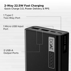 boAt EnergyShroom 20000 mAh Power Bank, 2 way 22.5 watt Fast Charging, Quick Charge 3.0, High Temperature and Scratch Resistant,12-Layer Smart IC Protection, 1 Type-C Two Way Port, 1 Micro USB Input Port, 2 USB-A Output Ports, LED Indicators, Carbon Black 3