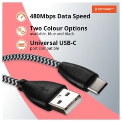 Reconnect USB-C Braided Cable, 480 Mbps Data Speed, 18 W, 3 A Fast Charging, 100 cm (1 m) Length, Premium Sturdy Design, Nylon Braiding, Compatible with USB-C Ports, Black, RATCB1003 4