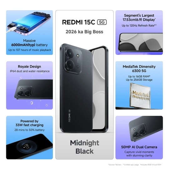 Redmi 15C 5G 128 GB, 6 GB RAM, Midnight Black, Mobile Phone