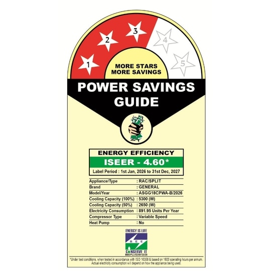 General 1.5 Ton 3 Star Inverter Split AC, ASGG18CPWA-B, 2026