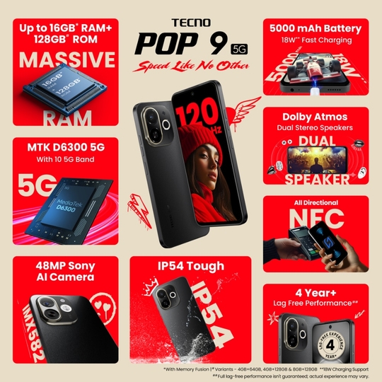 Tecno Pop 9 5G 64 GB, 4 GB RAM, Midnight Shadow, Mobile Phone
