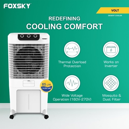 Foxsky Volt 85 L Desert Air Cooler with Honeycomb Cooling Pads, 100% Copper Motor, Ice Chamber, 2 Year Warranty, White