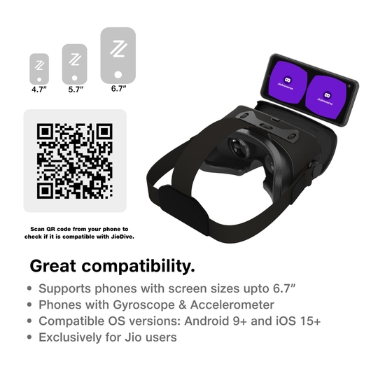 JioDive VR Headset Immersive 360 Degree Viewing Experience Live Sports, Movies, TV Shows & Live TV Channels VR Games & YouTube 360 Supports 4.7-6.7 inch Android & iOS Phones Black