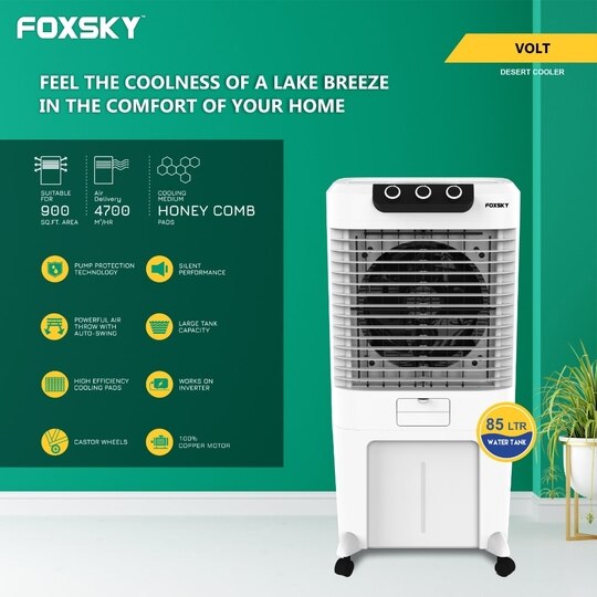 Foxsky Volt 85 L Desert Air Cooler with Honeycomb Cooling Pads, 100% Copper Motor, Ice Chamber, 2 Year Warranty, White