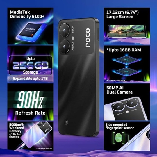POCO M6 5G 128 GB, 6 GB RAM, Black, Mobile Phone