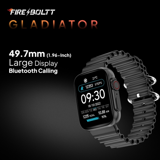 Fire-Boltt Gladiator Smartwatch with 4.97 cm (1.96 inch) HD Display & 600 nits Brightness, Bluetooth Calling, Upto 7 Days Battery, 120+ Sports Modes, Functional Crown, AI Voice Assistant, IP67 Water Resistant (Ocean Black)