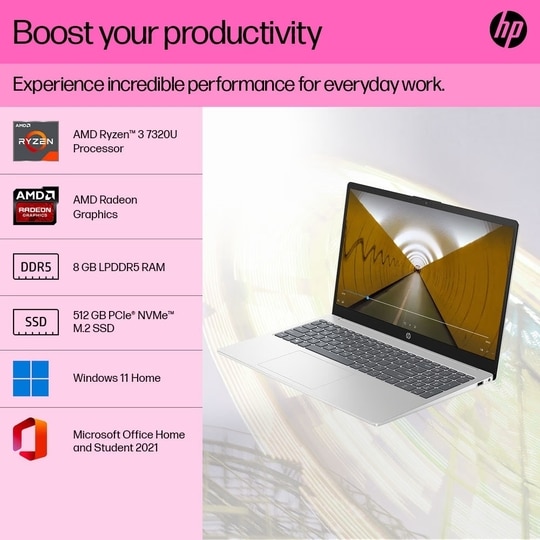 HP 15 Laptop, AMD Ryzen 5 7530U, 16GB DDR4 RAM, 512GB SSD, AMD Radeon Graphics, 15.6 inch (39.62 cm) FHD Anti-Glare 250nits, Backlit Keyboard, Windows 11 Home, MS Office 2024, Natural Silver, 15-FC0782AU