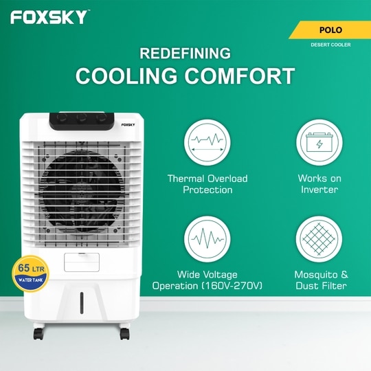 Foxsky Polo 65 L Desert Air Cooler with Honeycomb Cooling Pads, 100% Copper Motor