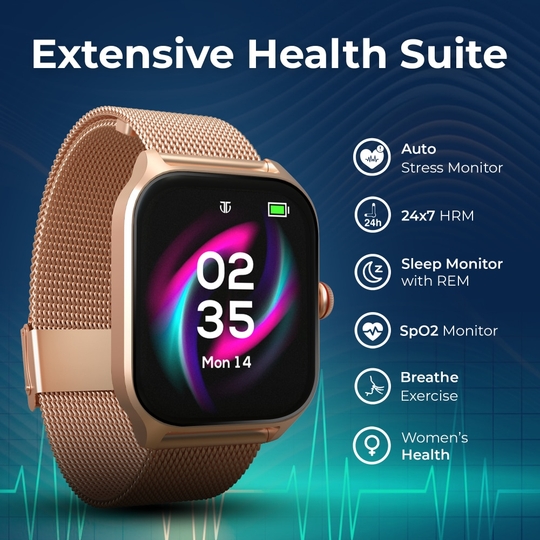 Titan Zeal Premium Metal Smartwatch with 4.69 cm (1.85 inch) AMOLED Display, BT Calling, AI Coach, 100+ Sports Modes, Voice Assistant & IP68 Water Resistance, Rose Gold & Brown Leather