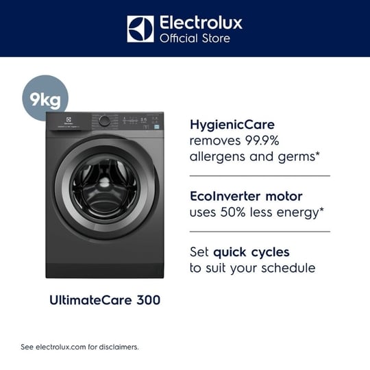 Electrolux 9 kg Front Load Fully Automatic Washing Machine, 1200 RPM, HygienicCare, EcoInverter motor, Quick cycles, Adjust Tempratures (EWF9024M3SB)