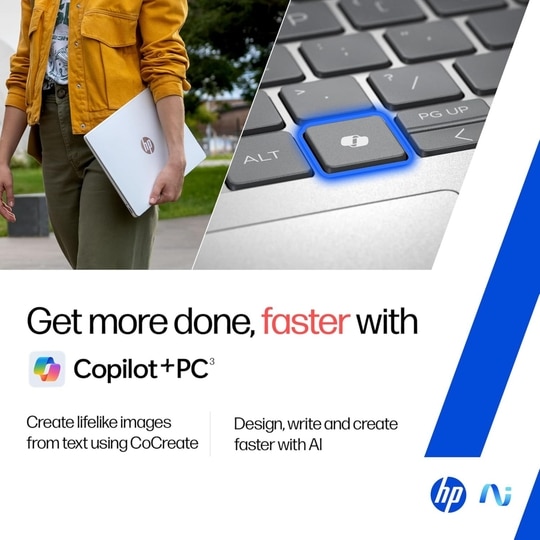 HP OmniBook 5 NGAI 14-he0015QU Standard Laptop (Snapdragon X X1-26-100/16 GB /1 TB SSD/Qualcomm Adreno GPU/Windows 11 Home/MS Office Home 2024 + 1 year M365 Basic/Full HD), 35.6 cm - 14 inch, Glacier Silver Aluminum