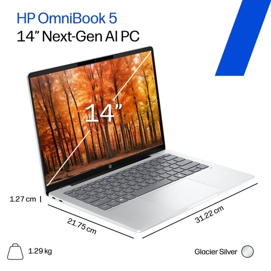 HP OmniBook 5 NGAI 14-he0015QU Standard Laptop (Snapdragon X X1-26-100/16 GB /1 TB SSD/Qualcomm Adreno GPU/Windows 11 Home/MS Office Home 2024 + 1 year M365 Basic/Full HD), 35.6 cm - 14 inch, Glacier Silver Aluminum