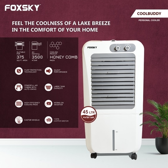 Foxsky Coolbuddy 45 L Personal Air Cooler with Honeycomb Cooling Pads, 100% Copper Motor