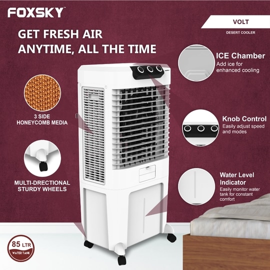 Foxsky Volt 85 L Desert Air Cooler with Honeycomb Cooling Pads, 100% Copper Motor
