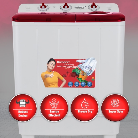 Karbonn 7 Kg Semi Automatic Top Load Washing Machine, White/Red, KJC70S-2024L