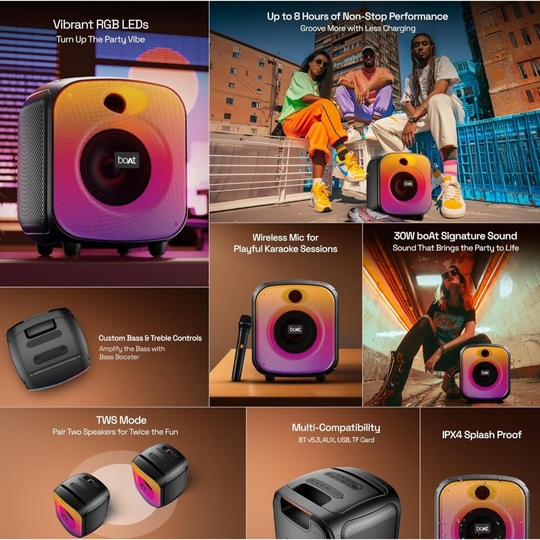 boAt PartyPal 63 Pro Bluetooth Speaker with 30 W Signature Sound, Karaoke with Mic, Customizable RGB LEDs, Wireless Mic, Upto 8 hrs Playback, BT v5.3, TWS Mode, Bass Boost, AUX & Port (Midnight Black)