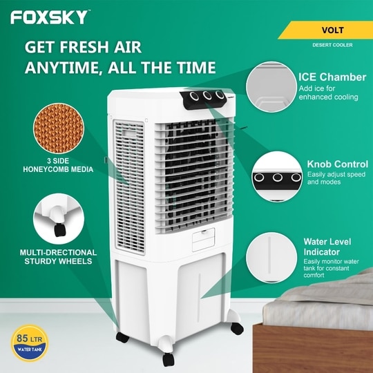 Foxsky Volt 85 L Desert Air Cooler with Honeycomb Cooling Pads, 100% Copper Motor, Ice Chamber, 2 Year Warranty, White