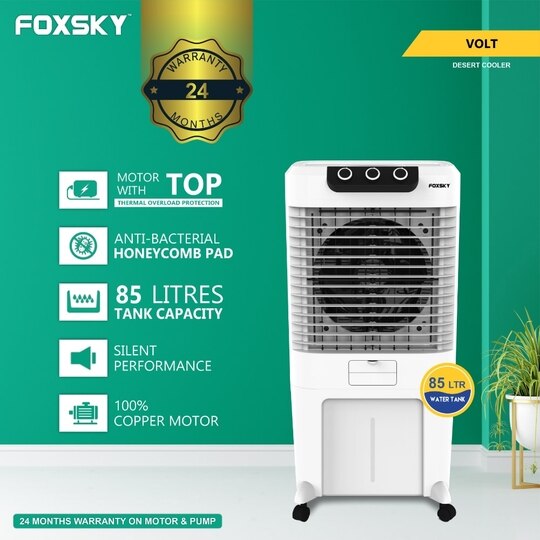 Foxsky Volt 85 L Desert Air Cooler with Honeycomb Cooling Pads, 100% Copper Motor, Ice Chamber, 2 Year Warranty, White