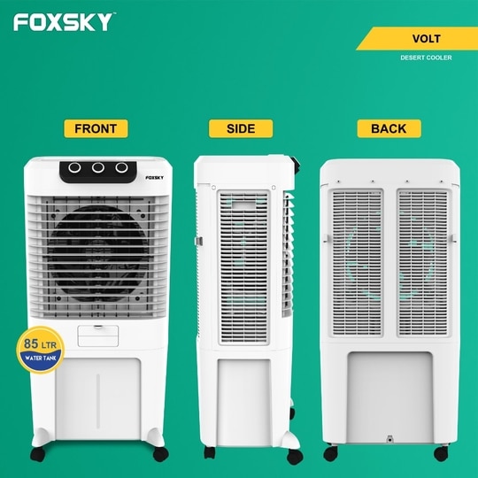Foxsky Volt 85 L Desert Air Cooler with Honeycomb Cooling Pads, 100% Copper Motor, Ice Chamber, 2 Year Warranty, White