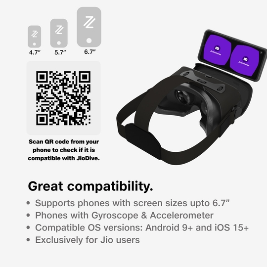 JioDive VR Headset Immersive 360 Degree Viewing Experience Live Sports, Movies, TV Shows & Live TV Channels VR Games & YouTube 360 Supports 4.7-6.7 inch Android & iOS Phones Black