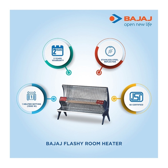 Bajaj Flashy Radiant Room Heater 1000 W, Compact Design, Nickel Chrome Plated Mesh Grid, Stainless Steel Reflector, Neat & Clean Operation