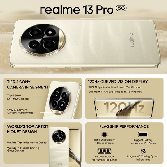 Realme 13 Pro 5G 256 GB, 8 GB RAM, Monet Gold, Mobile Phone