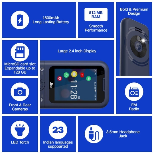 JioPhone Prima 4G Premium Design Phone with Youtube JioChat, Jio TV, JioCinema, JioSaavn, Jio Pay (UPI), Powerful 1800 mAh Battery, LED Torch, Digital Camera, Blue, Locked for JioNetwork
