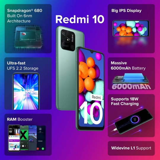 Redmi 10 64 GB, 4 GB RAM, Caribbean Green, Mobile Phone