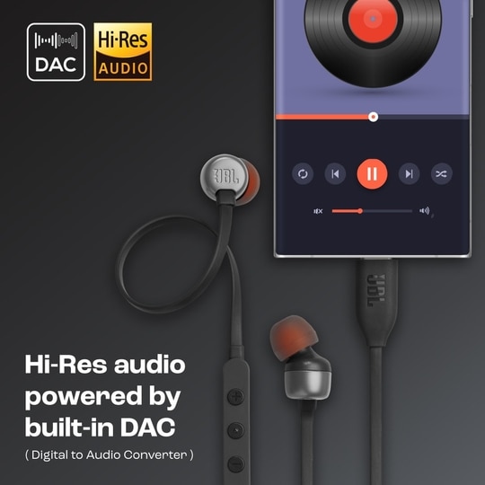 JBL Tune 310 Wired in-Ear Type C Headphones, Hi-Res Audio with Digital-to-Analog Converter, 3-Button EQ Preset Remote with Microphone, Tangle-Free Flat Cable, Compatible with USB-C Devices, Black