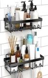 KYMIO Wall Mounted Bathroom Shelf with Hooks  Rustproof Black Shower Caddy Organizer for Shampoo, Soap, Lotion, Toothbrush & Accessories  Heavy Duty Adhesive Storage Rack for Kitchen & Bathroom