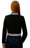 ETIMAAD Women's Quilted Varsity Bomber Jacket, Black with White Stripes, Heart Emblem, Cropped Length, Full Zip Front, Long Sleeve, Athletic Style