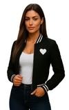 ETIMAAD Women's Quilted Varsity Bomber Jacket, Black with White Stripes, Heart Emblem, Cropped Length, Full Zip Front, Long Sleeve, Athletic Style