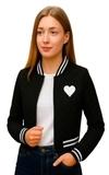 ETIMAAD Women's Quilted Varsity Bomber Jacket, Black with White Stripes, Heart Emblem, Cropped Length, Full Zip Front, Long Sleeve, Athletic Style