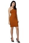 Popwings Women Casual Rust Solid Self Design Knee Length Strap Neck Knot Backless Bodycon Dress