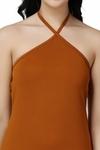 Popwings Women Casual Rust Solid Self Design Knee Length Strap Neck Knot Backless Bodycon Dress