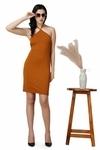 Popwings Women Casual Rust Solid Self Design Knee Length Strap Neck Knot Backless Bodycon Dress